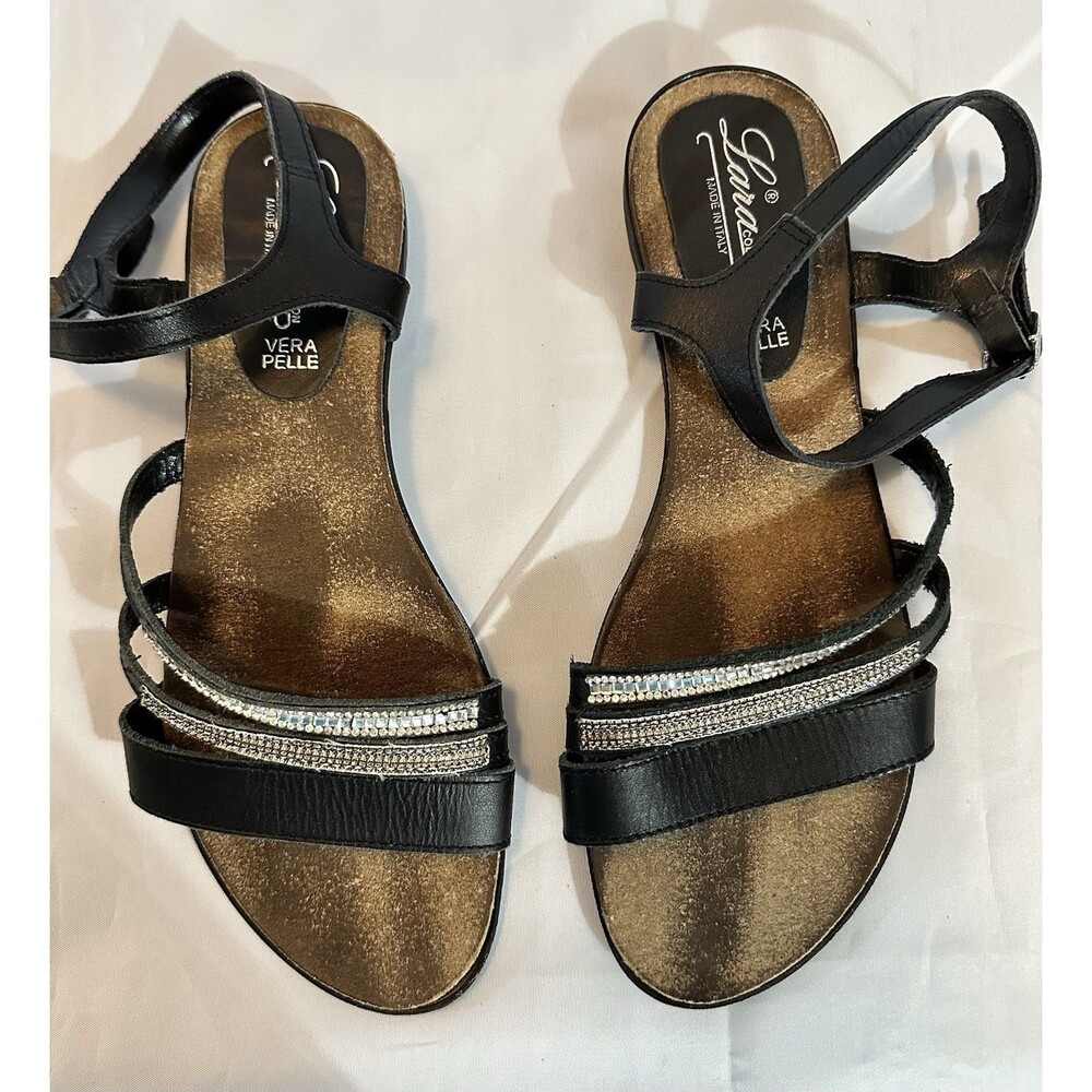 Lara Collection Vera Pelle Black Rhinestone Summer Sandals Sz 8